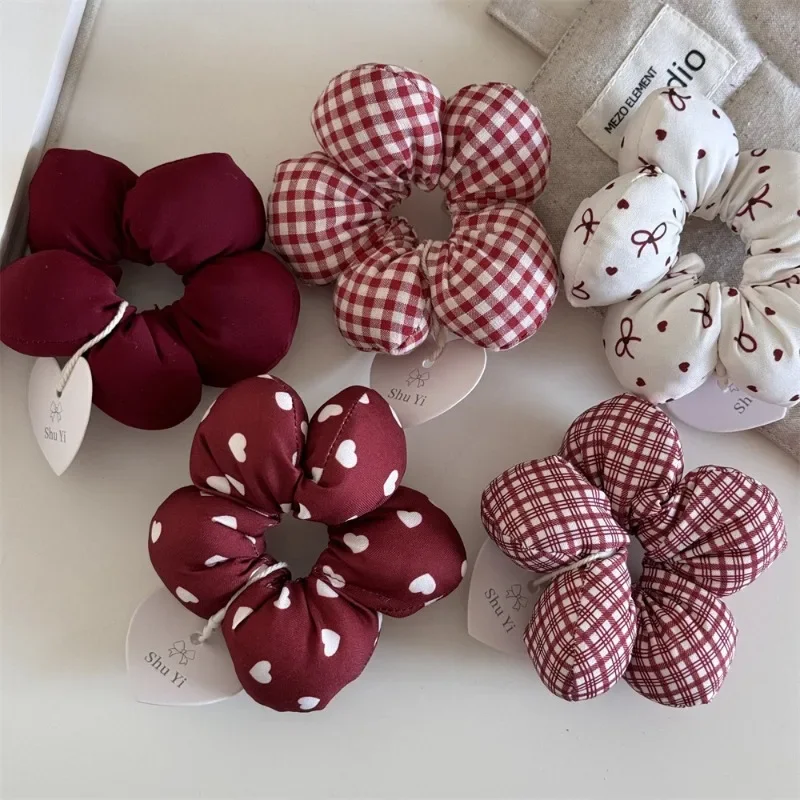 Red Cotton Cute Floral Hair Band with Bow and Plaid Design