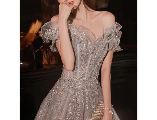 Elegant Evening Dresses Strapless A-Line Off The Shoulder Sequin Beaded Bandage Shiny Slim Backless Floor-Length Celebrity Gowns Photo color