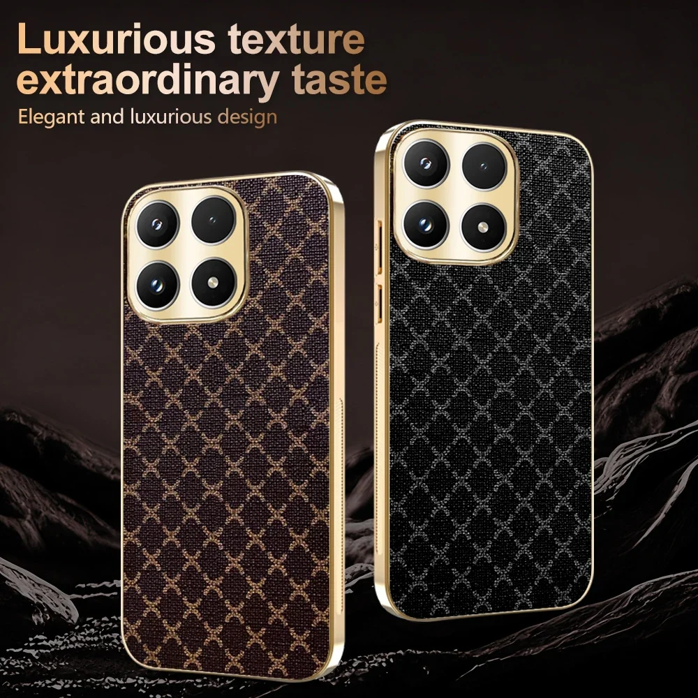 Retro Grid Pattern Leather Phone Case with Gold Plating Frame