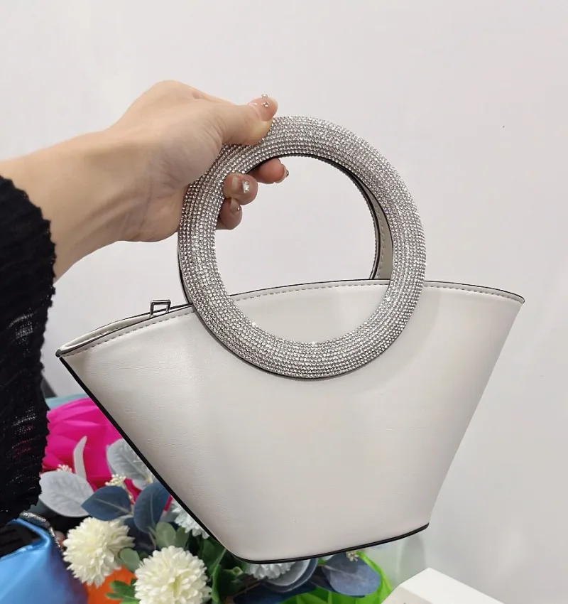 New luxury fashion girl ins studded round handle portable basket bag shoulder crossbody women's bags