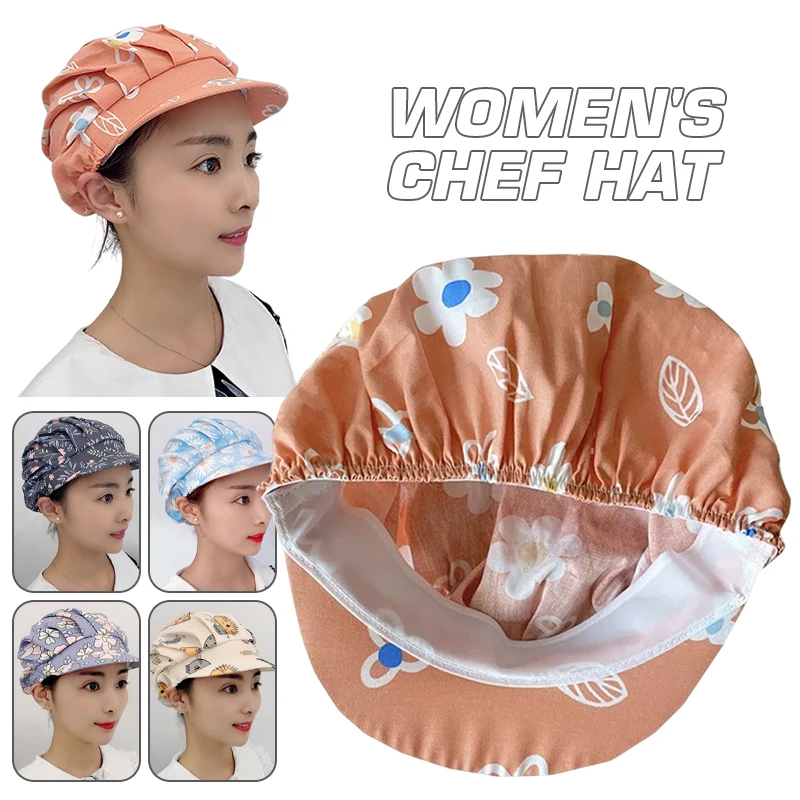 Women Elastic Chef Hat with Brim Cotton Restaurant Kitchen Food Catering Caps Cafe Bar Waiter Dust Cap Cooking Chef Scrub Hat printed chef hat restaurant kitchen dustproof cooking hats breathable hotel chef waiter work uniform sanitary cap with brim