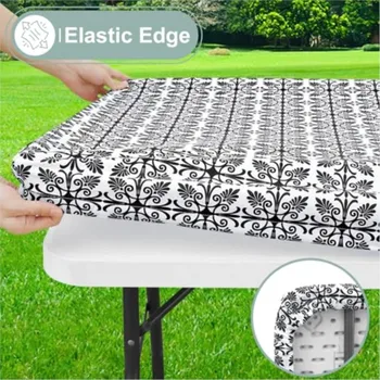Homaxy Round Vinyl Table Cloth Elastic Fitted Tablecloth Waterproof Plastic New Rectangle Table Cover Fold Tables Picnic Outdoor 1