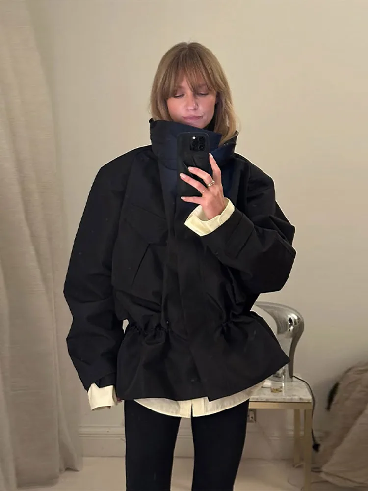 Women's Jacket Coat Drawstring Waist Casual Short Coats Oversized Long Sleeve Utility Pocket Trench Streetwear Spring Outerwear - 2