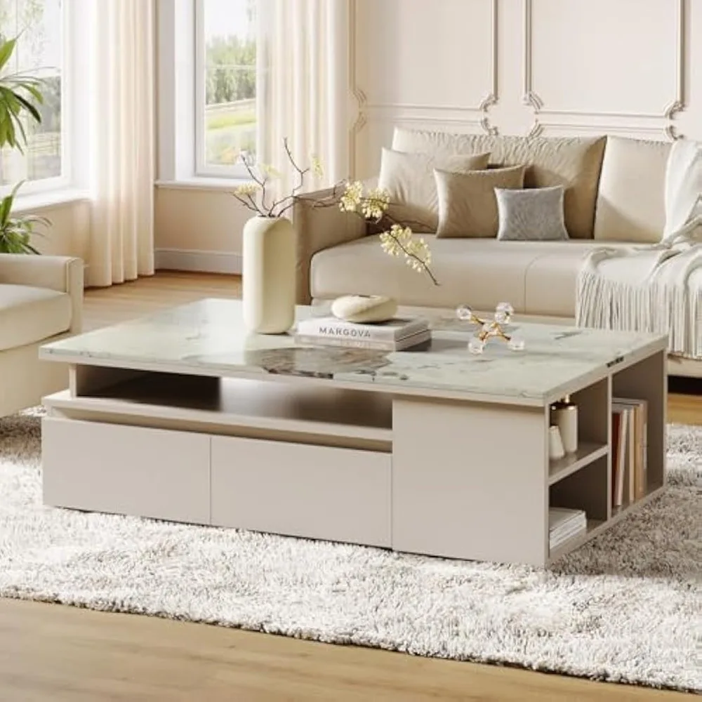 Extendable Tabletop Coffee Table with 4 Drawers & Storage Shelf, Modern from  to  Center Table for Living Room 6