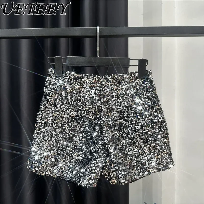 2023 New Summer Autumn New Full Sequined Shiny Casual Shorts Heavy Zipper Nightclub Socialite Short Shorts Hot Pants for Women