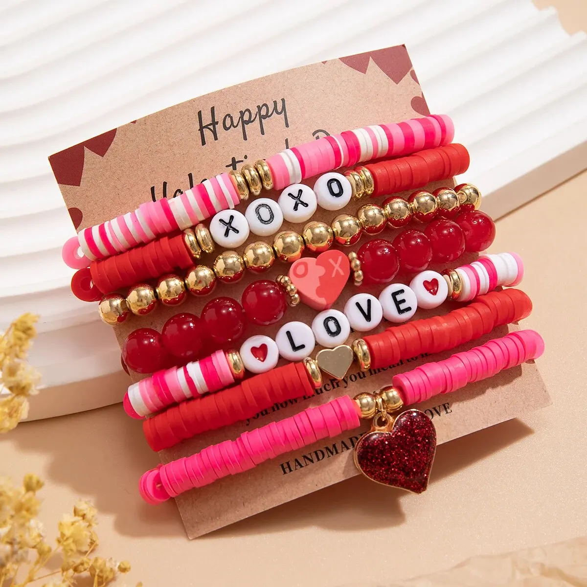 7Pcs/Set Romantic Love Heart Pendant Bracelets for Women Cute Trendy Pink Beaded Couples Bangles Valentine's Day Jewelry Gifts