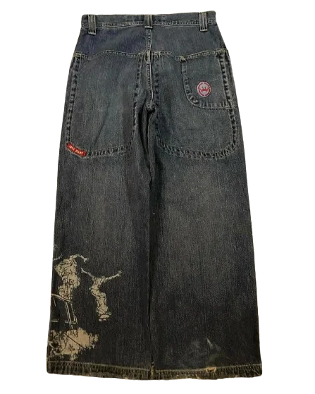 JNCO 힙합 스케이트보드 청바지, 그래픽 자수, 레트로, 블루, 헐렁한 청바지, 하라주쿠, 하이 웨이스트, 와이드 팬츠, 스트리트웨어