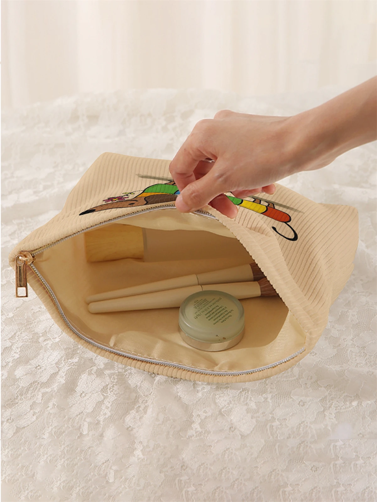 1pc cartoon dog pattern printed corduroy makeup bag, lightweight zipper makeup storage box, multifunctional bag with lining