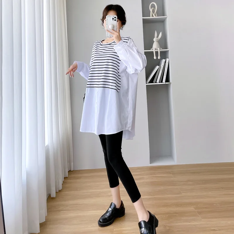 세련된 임산부 셔츠 캐주얼 패치워크 페이크 투피스 트렌디 맘 가을 신상품 중국풍 긴팔 라운드넥