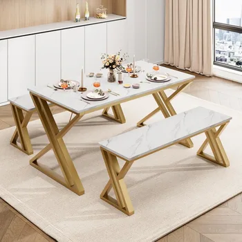 4-Seat Dining Set with Rectangular Table and Two Benches, featuring Faux Marble Top