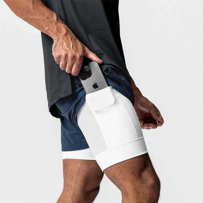 2023 High quality summer new sports double layered 2-in-1 men's shorts with built-in pockets and multifunctional exercise capris
