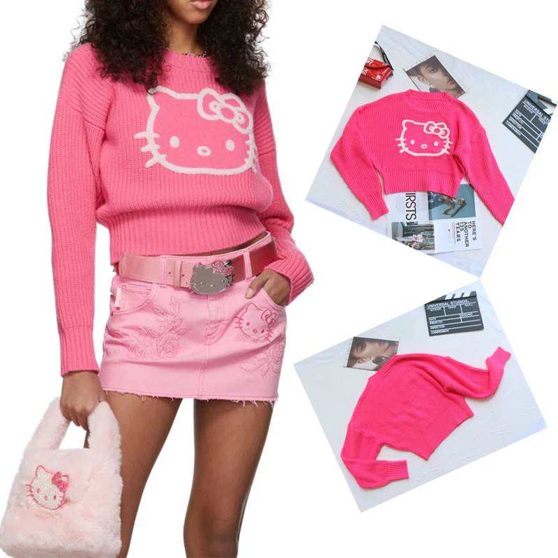 

Kawaii Cartoon Sanrios Hello Kittys Sweater New Pink Girl Embroidery Short Style Slim Fit Shirt Anime Spring Women's Clothing