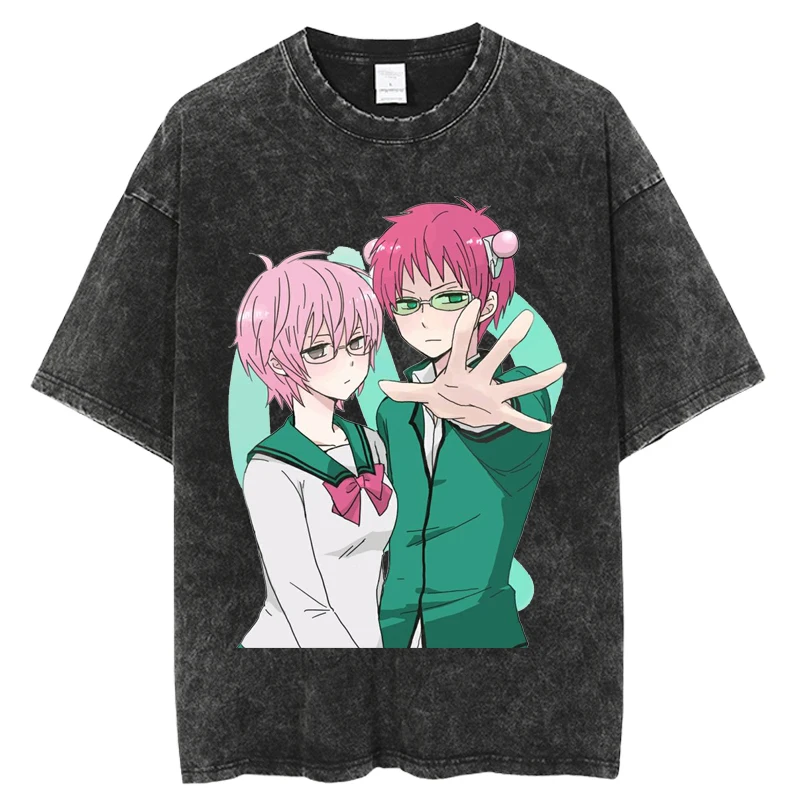 

Unisex Vintage Washed T-Shirt Japanese Anime The Disastrous Life of Saiki K Oversized Harajuku 100% Cotton Tops Tees