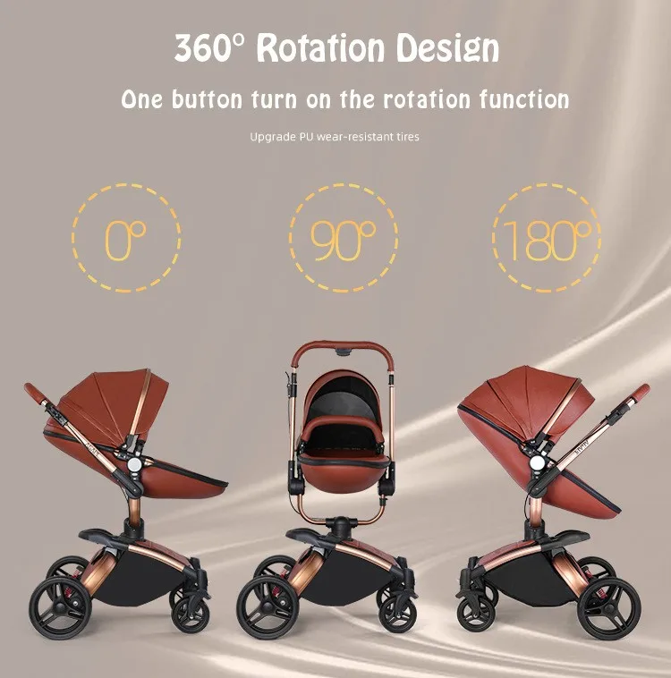 Luxury Leather 3 in 1 Baby Stroller Two Way Suspension 2 in 1 Stroller Safety Car Seat Newborn Bassinet Baby CarriagePram Fold