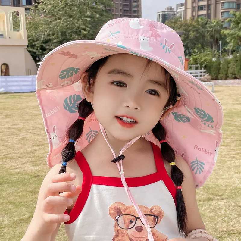 Summer Children UV Protection Shawl Hat Print Kids Large Brim Sunshade Visor 2-10Year Boy Girl Baby Quick Dry Mesh Fisherman Cap 2