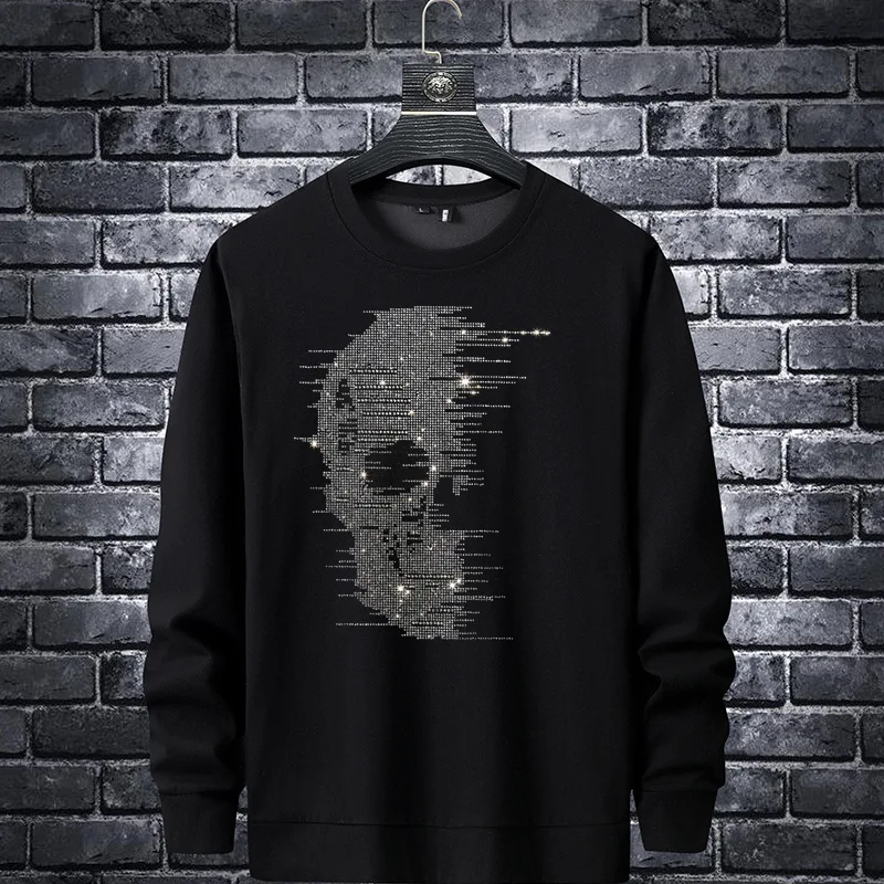 

2023 Half Skull Rhinestones Men Hoodie Sweatshirt Fashion Streetwear Full O Neck Rib Sleeve Pullover Hoodie Mens Autumn Clothes