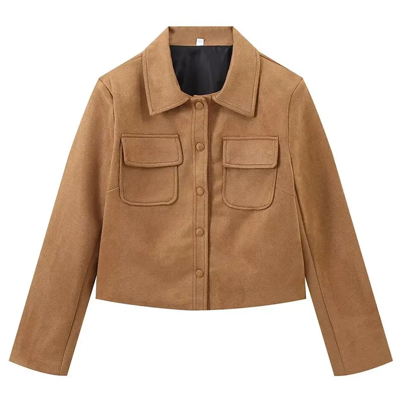 thumbnail image 1 of HH TRAF 2024 Chaqueta de gamuza de otoño para mujer Moda Sólido Un Solo Pecho Cárdigan Corto Tops Mujer Abrigo Superior Versátil Femenino, 1 of 5