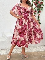 Plus Size Sweetheart Neckline Dress Floral Print with Ruffled Sleeves Feminine Elegant Summer Midi - Image 5