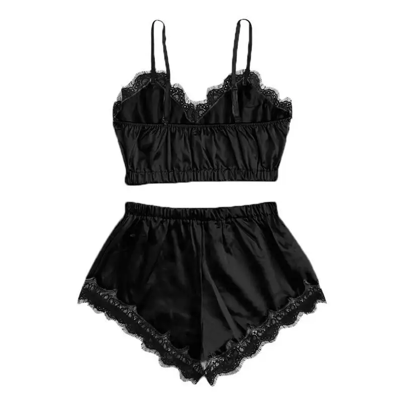 Sexy Lingerie dentelle Satin Pama ensembles sans manches sangle haut + nœud culotte mode tentation vêtements de nuit chemises de nuit S-XXL 2022 chaud_voghion.com