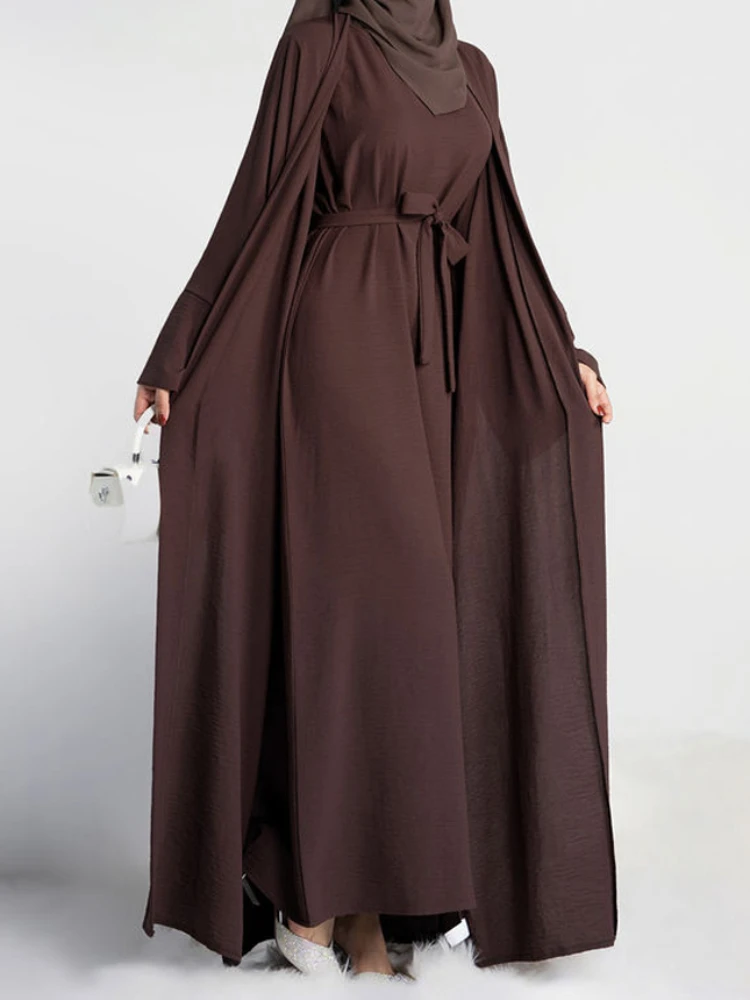 Open Abaya 2 Piece Set Muslim Woman Kimono and Sleeveless Hijab Dress Plain Abayas Dubai Turkey Ramadan African Islamic Clothing