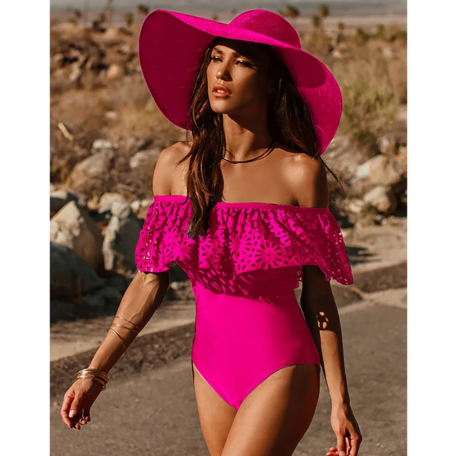2025 New Sexy Off The Shoulder Solid Swimwear Women One Piece Swimsuit Female Bathing Suit Ruffle Monokini Swim Wear XL 1