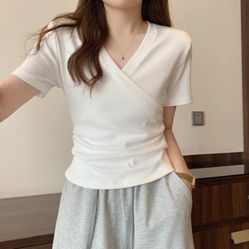 Elegant Cross V neck Slim T-shirt For Women Fashion Solid Slim Short Sleeve Tops Girly Summer Casual Versatile Pullover 2