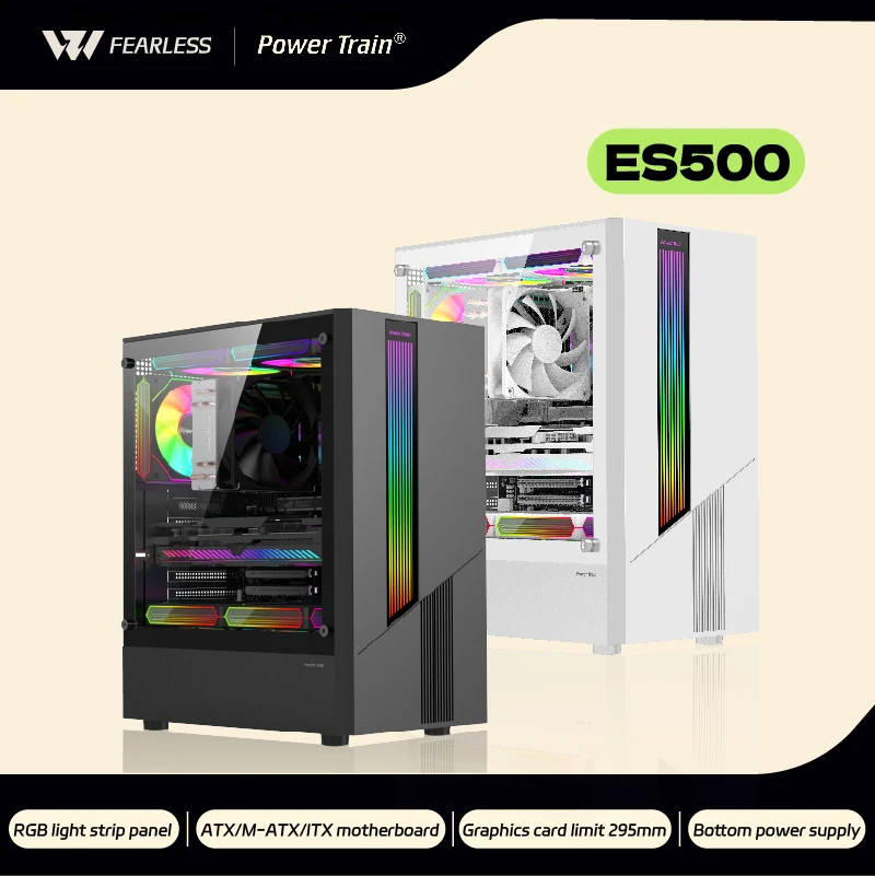 POWER TRAIN Gaming PC Case ES500, ATX M ATX Support, RGB Light Strip, Glass Side Transparent Panel, Desktop Computer Chassis, USB Connectivity