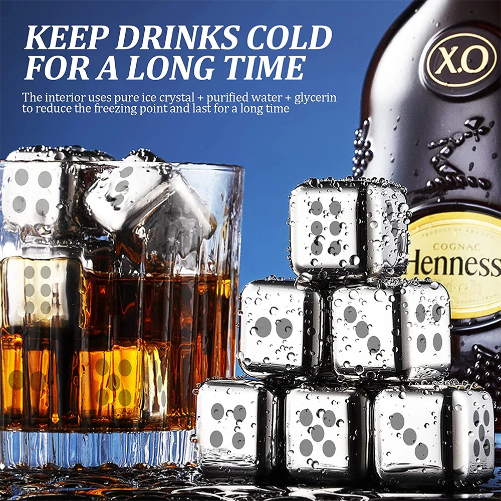 Stainless Steel Dice Ice Cube Whiskey Stones Reusable Ice Cubes for Freezer Storage Tray Metal Wine Drinks Cooler with Clips