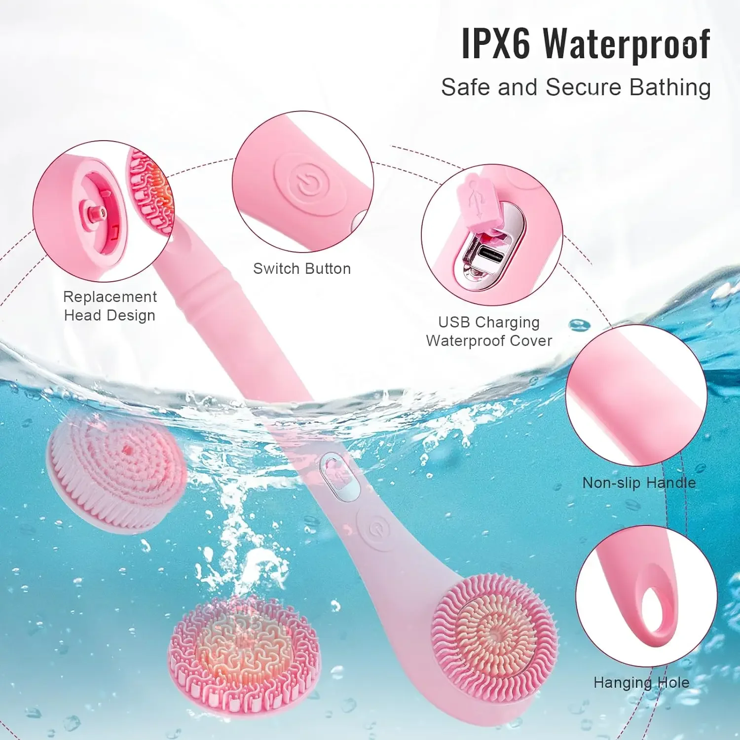 Electric Shower Brush Set for Whole Body Cleaning Back Scrubber 3 Cleaning Heads 2 Speeds Bathing Brush Massage Exfoliator