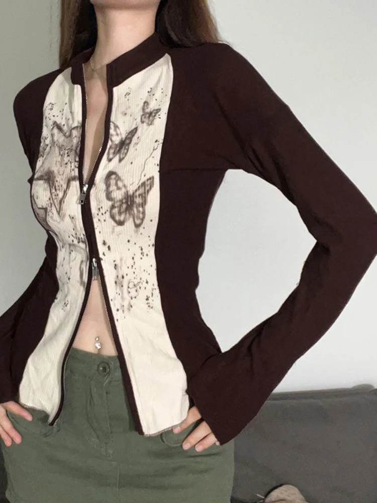 

Spring Women Grunge Cardigan Zipper Slim Tops Harajuku O Neck Long Sleeve Casual Cardigan All Match Y2k Aesthetic Butterfly Coat