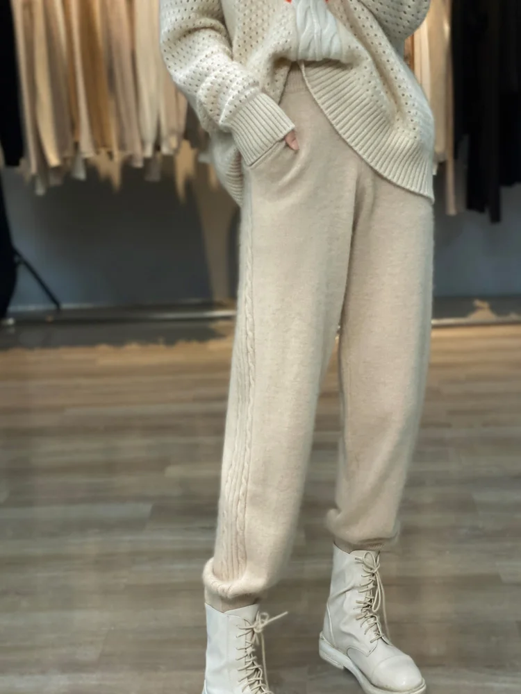 

Женские кашемировые брюки с высокой талией, свободные прямые шерстяные трикотажные брюки с высокой талией