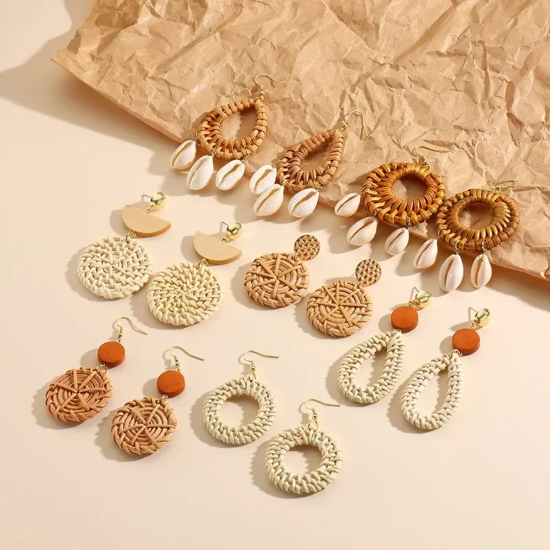 Boho Raffia Hoop Earrings For Women — Rattan Weave Dangle Earrings, Lightweight Summer Statement Jewelry