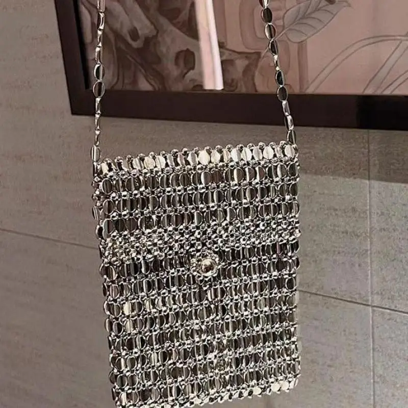 Vintage Plastic Metal Style Shiny Hand Woven Hollow Beaded Pearl Small Square Bag Long Shoulder Strap Crossbody Small Bag Women
