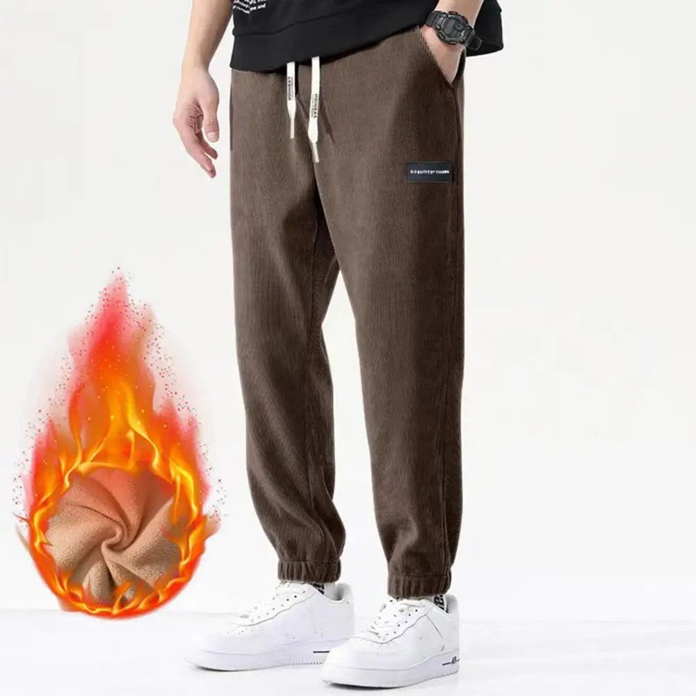

Casual Sporty Men Leggings Men's Thickened Plush Winter Pants with Wide Leg Drawstring Waist Soft Warm Trousers with for Fall