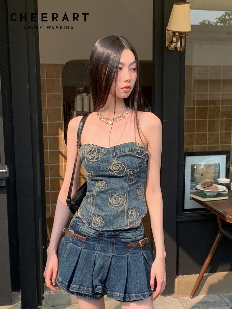 

CHEERART Y2k Fashion Floral Denim Tube Top For Women 2023 Strapless Bandage Backless Jean Corset Top Designer Summer Outfits