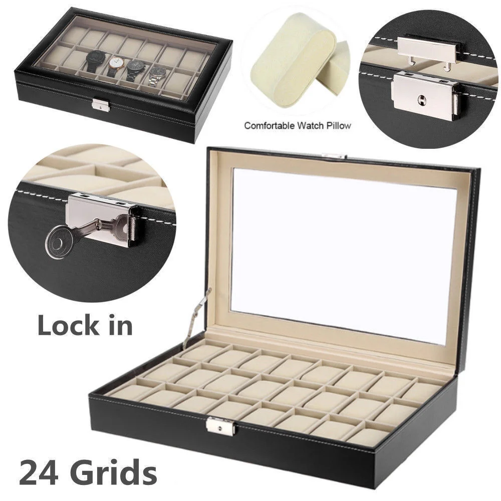 PULeatherWatchesDisplayCase81024GridsWatchBoxJewelryDisplay