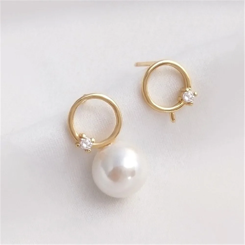 925 Silver Needle 14K Gold Wrapped Single Zirconia Ring Half Hole Bead Bracelet Earrings DIY Pearl Earrings Accessories E257 natural hetian jade half hole round bead clear aquamarine single bead hand scattered bead diy ear nail earrings ring bracelet ma