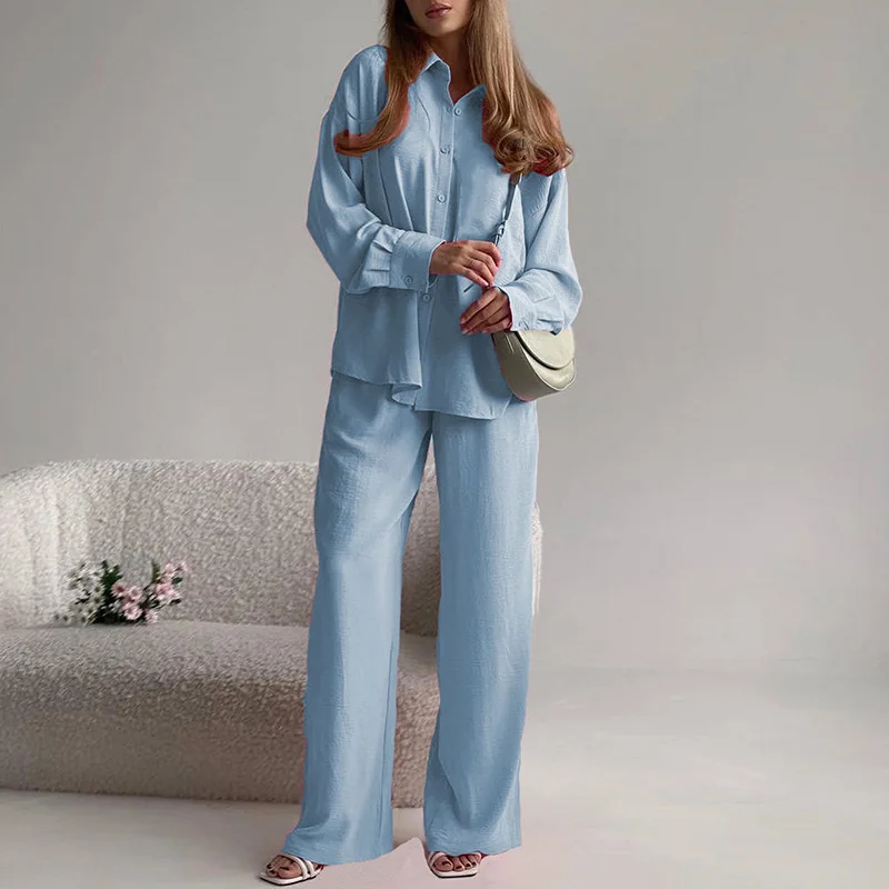 

Пижама женская из двух предметов, комплект одежды для сна, Топ с длинным рукавом, брюки с эластичным поясом, рубашка с лацканами, Свободная Домашняя одежда