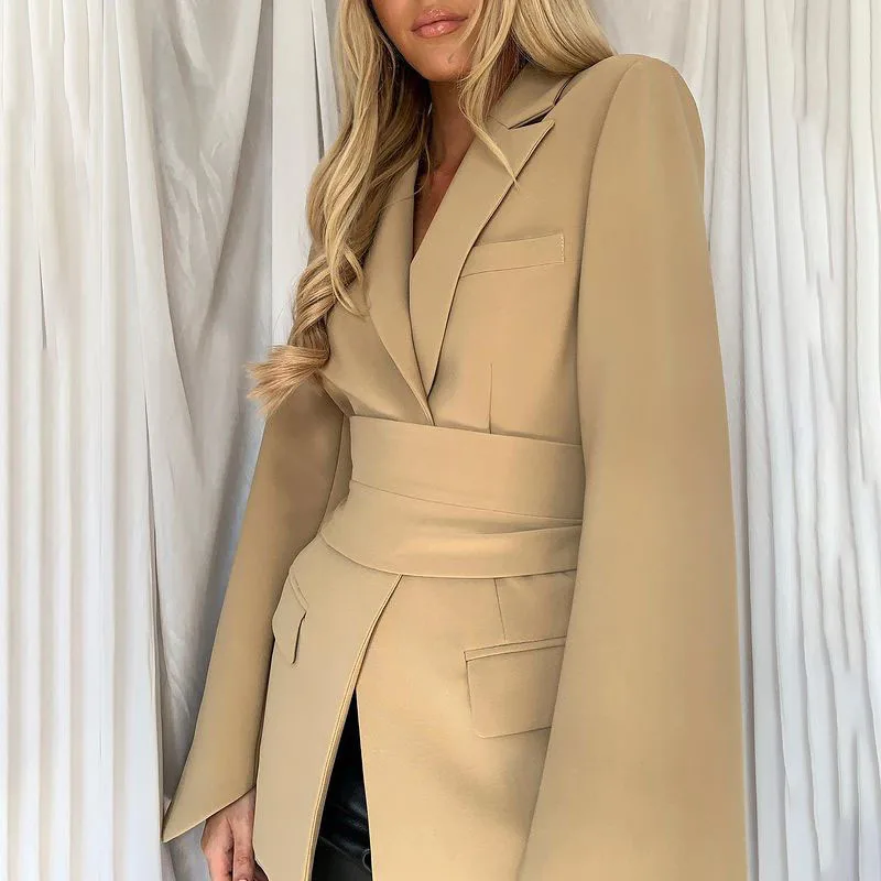 Women's Spring 2023 Fashion Blazer Slim Fit Business Blazer and New Tie Waist Jacket Retro Khaki Black Ladies Cardigan Tops