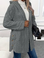 Thickened Plush Button Hooded Women's Cardigan Solid Color Long Sleeved Warm Sweaters Fashion Single-breasted Woman Clothing - Image 2