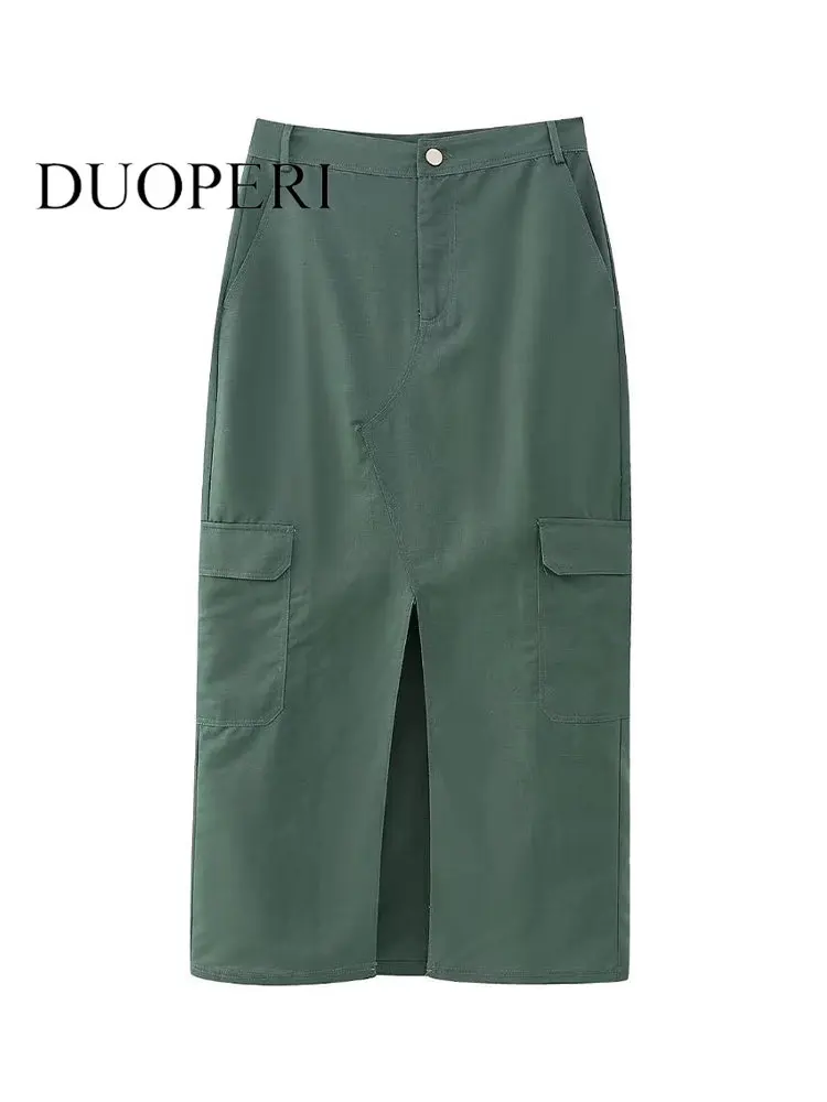 

DUOPERI Women Fashion With Pockets Green Front Slit Zipper Midi Skirts Vintage High Waist Female Chic Lady Long Skirts
