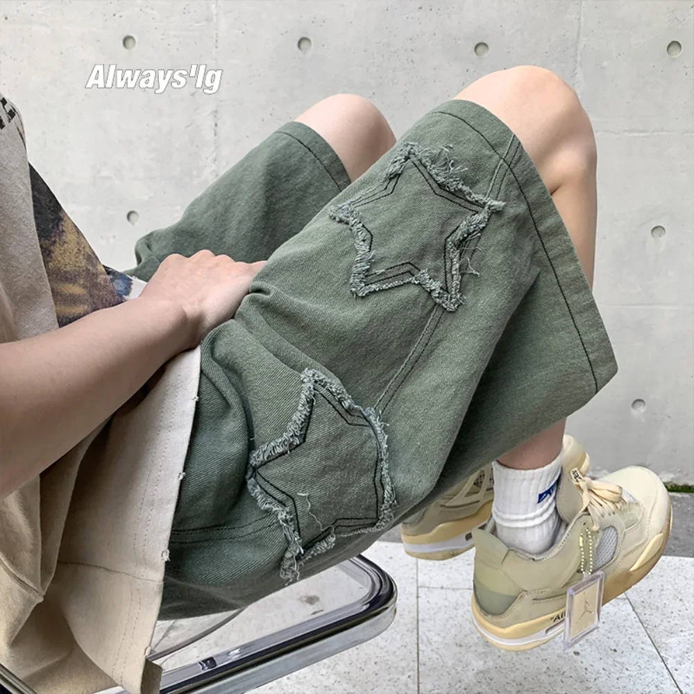 Star Patchwork Shorts for Men Vintage Denim Summer Short Pants All-match High Street Casual Streetwear Harajuku Oversized Shorts men jeans denim pants denim shorts summer jeans shorts