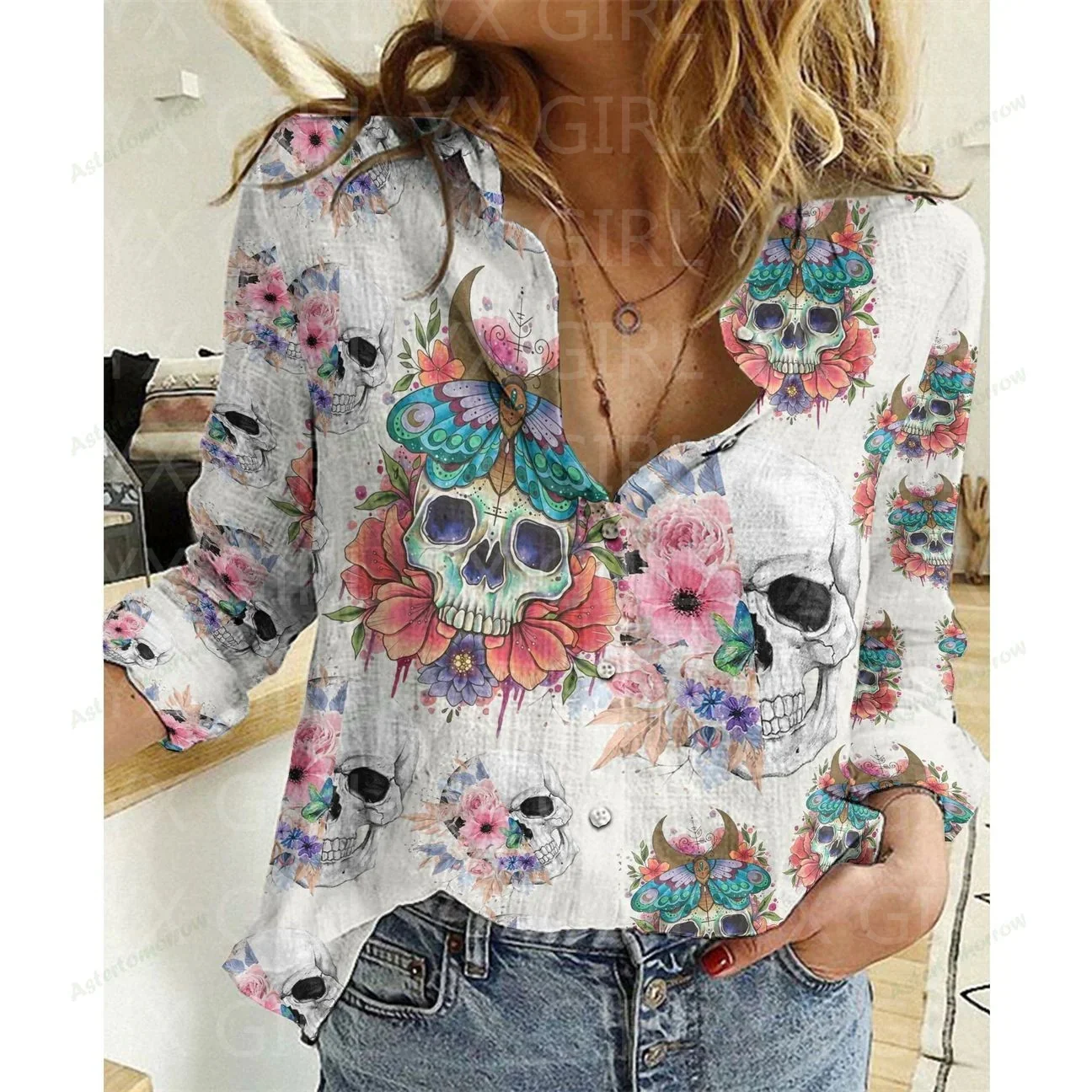 Women's Skull Flower Printed Casual Shirt 3D Printed Button-down Shirt Casual Unique Streewear Halloween Gift