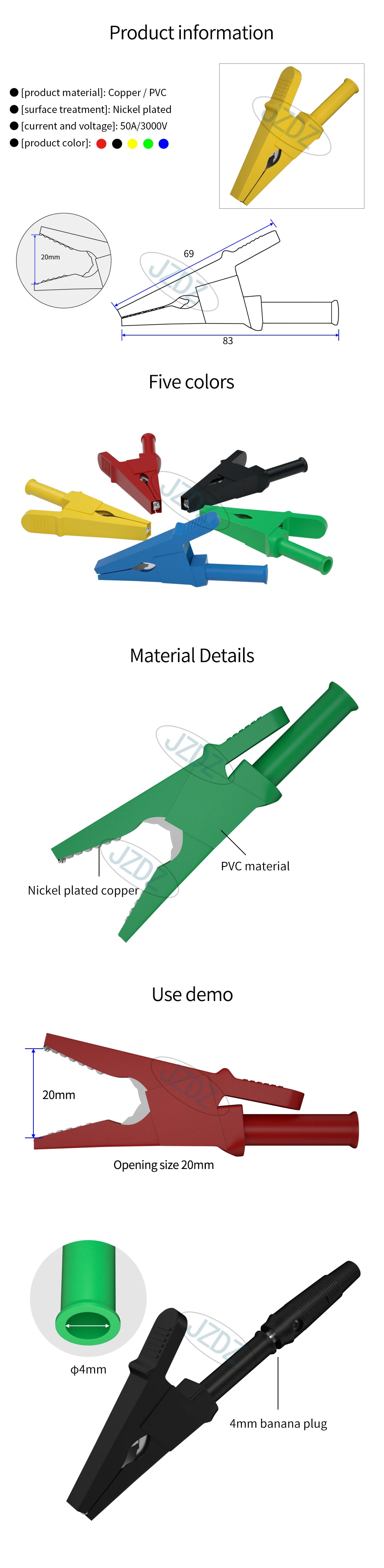 JZDZ 2PCS 4MM Isolierung Alligator Clips Metall Krokodil Klemme für Drähte Test Zubehör DIY Elektrische Werkzeuge J.60050 – Detail 1