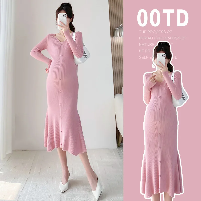 

Maternity Knit Solid Dress Autumn Clothes For Pregnant Women Fishtail Dresses Fashion V-Neck Pink Pregnancy Sweater Dresses