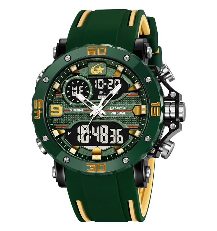 STRYVE Men's Military-Style Waterproof Quartz Watch with LED Dual Display and Alarm