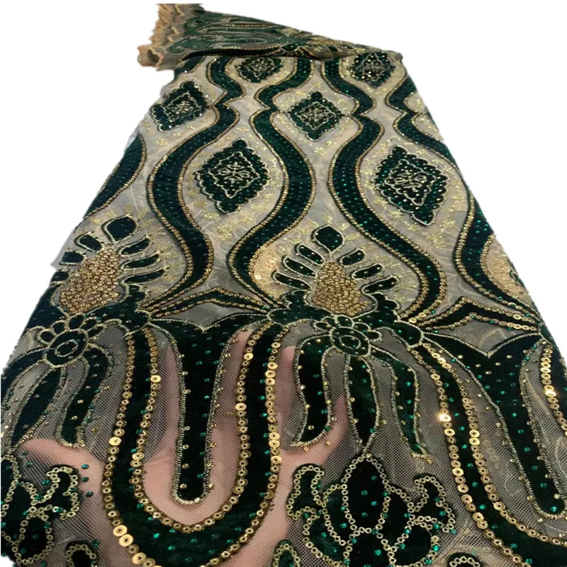 

Nigerian lace fabric velveteen lace material african soft velvet lace fabric with Gold sequins for cloth dress in green zx14-53