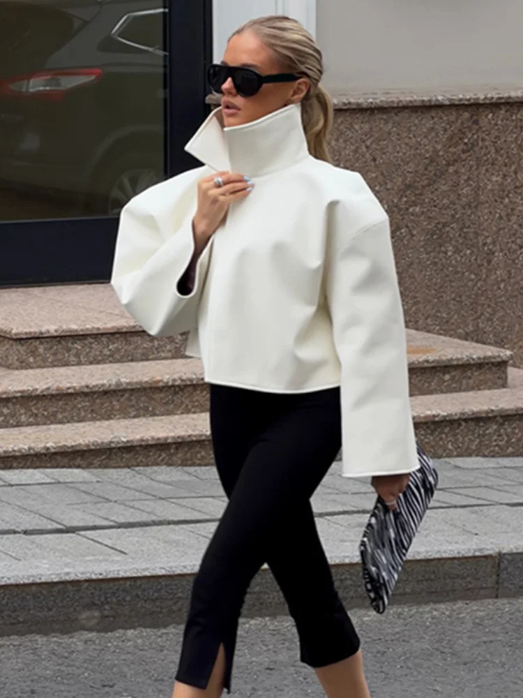 Cropped Faux Leather Jacket With Stand Collar, Flare Sleeves and Asymmetric Wrap Front — photo 5