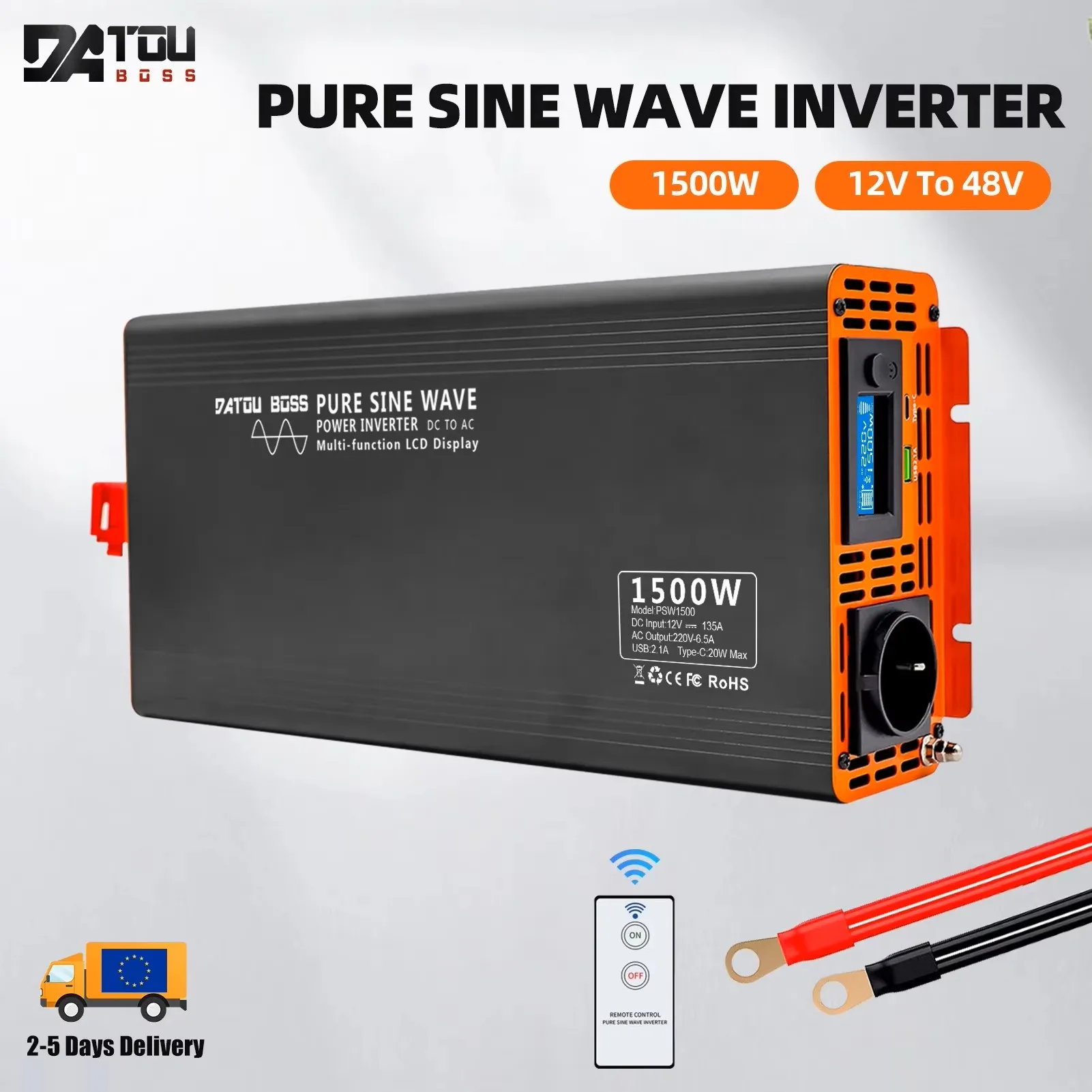 DATvissed-Onduleur à onde sinusoïdale BOSS PSW, série 1500W, convertisseur d'énergie solaire DC à AC, chargeur USB portable, écran LCD, onduleur de tension