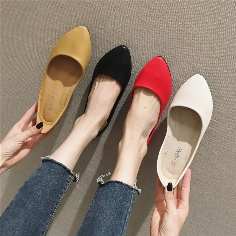 Women's Shoes Leather Soft Sole Candy Shallow Mouth Single Shoes Flat Heel  Shoes Slip on Plus Size Mature Zapatos De Mujer